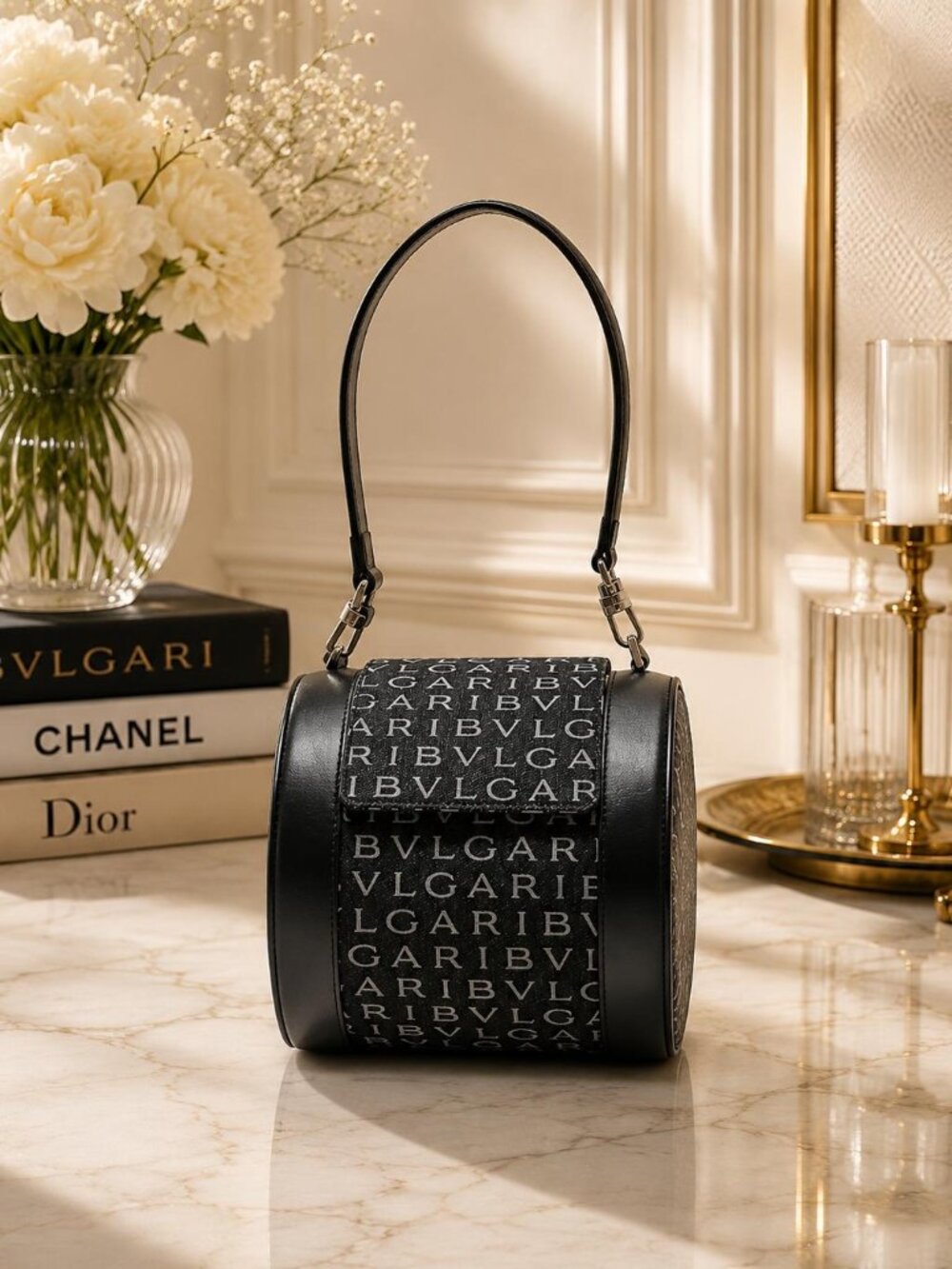 Authentic Bvlgari Logo Canvas Cylinder Shoulder Bag Black Leather